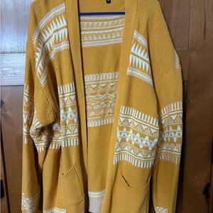 Cozy Mustard and White Knit Cardigan Sweater
